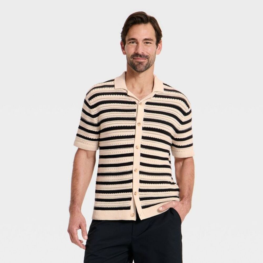 Men's Short Sleeve Full-Button Polo Sweater - Goodfellow & Co Black Striped M